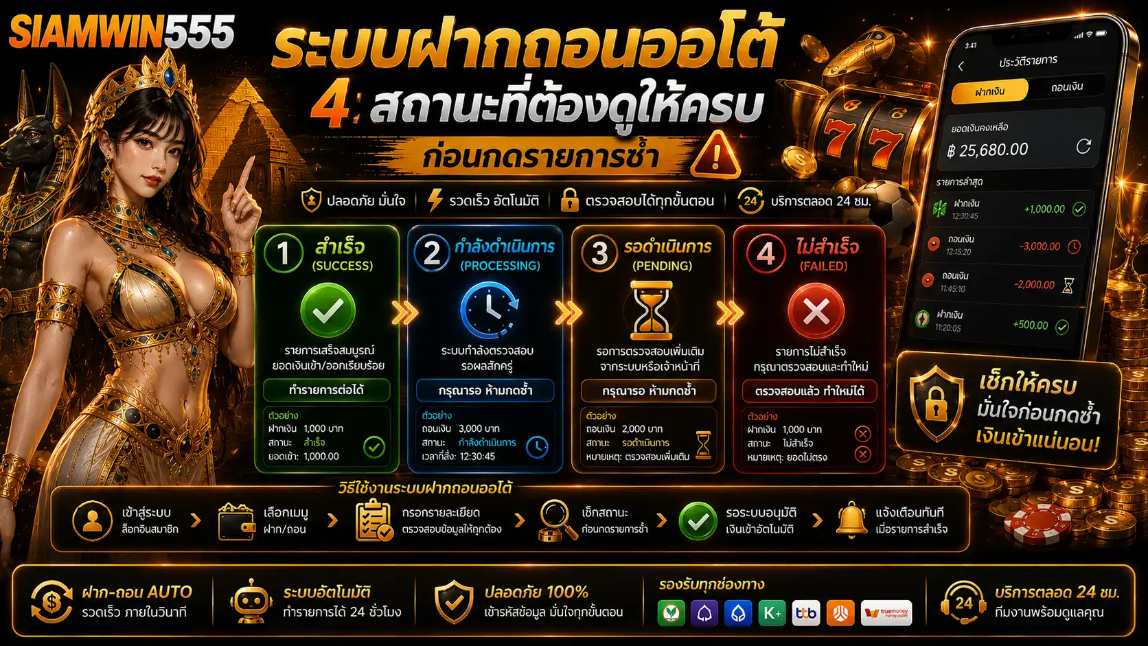 ระบบฝากถอนออโต้ siamwin555 4 สถานะที่ต้องดูให้ครบก่อนกดรายการซ้ำ